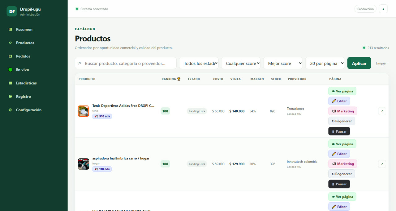 Panel real del motor de dropshipping: catálogo priorizado con ranking, ads y márgenes